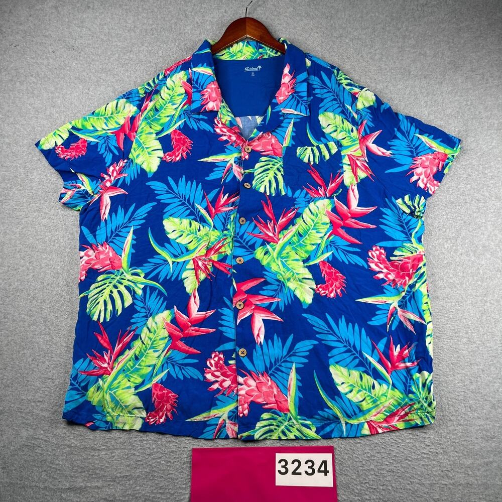 KS Island Bright Floral Tropical Print Shirt Button Up Short Sleeve Mens 3XL BIG